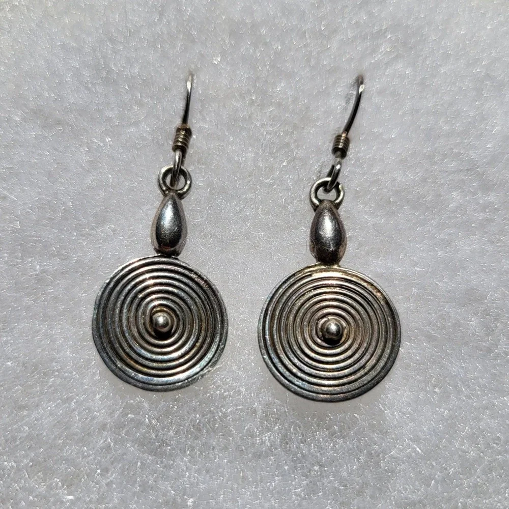 925 Sterling Silver Spiral Drop Earrings Vintage Boho Concentric Circle